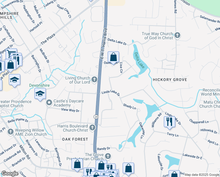 map of restaurants, bars, coffee shops, grocery stores, and more near 7724 Linda Lake Drive in Charlotte