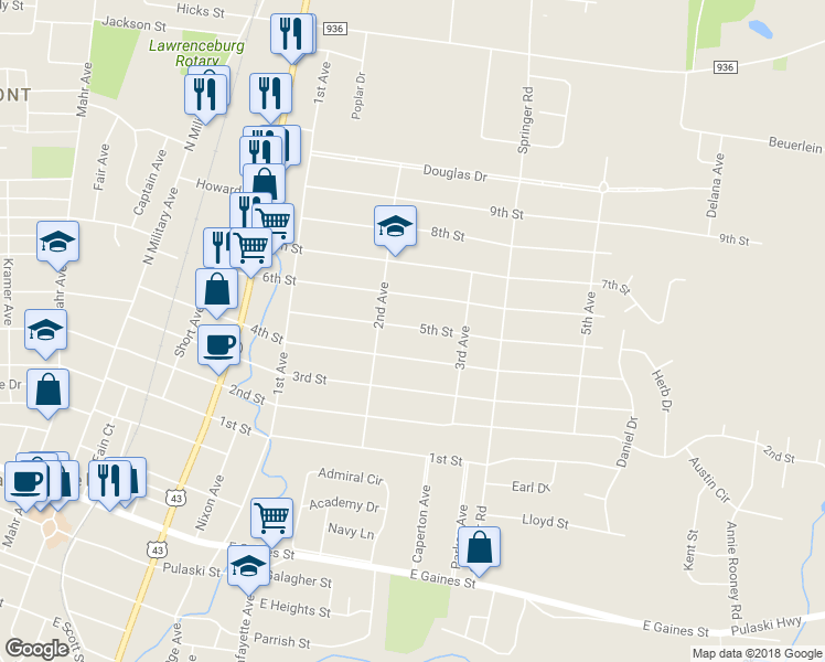 map of restaurants, bars, coffee shops, grocery stores, and more near 515 5th Street in Lawrenceburg