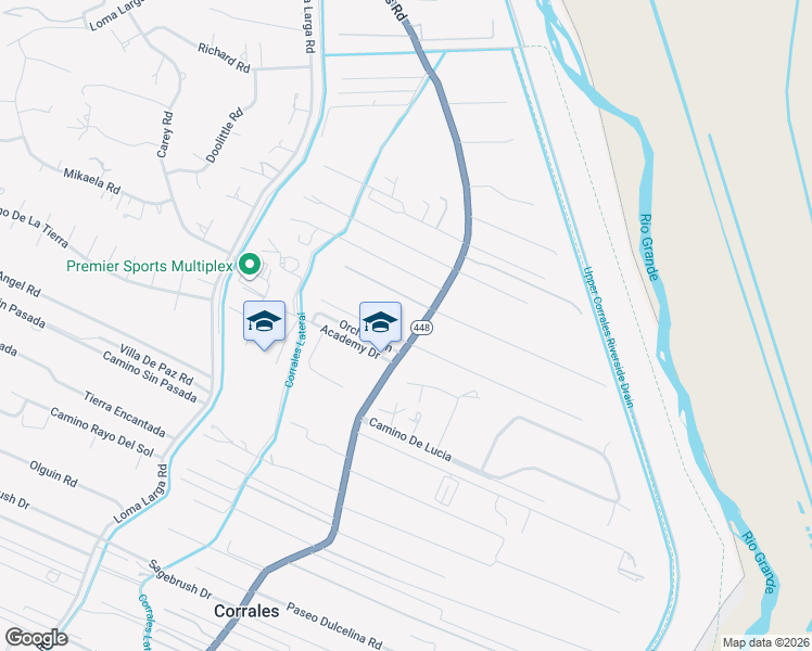 map of restaurants, bars, coffee shops, grocery stores, and more near 6301 Corrales Road in Corrales