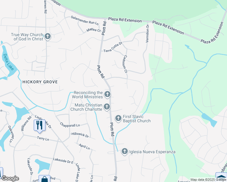 map of restaurants, bars, coffee shops, grocery stores, and more near 7840 Plott Road in Charlotte