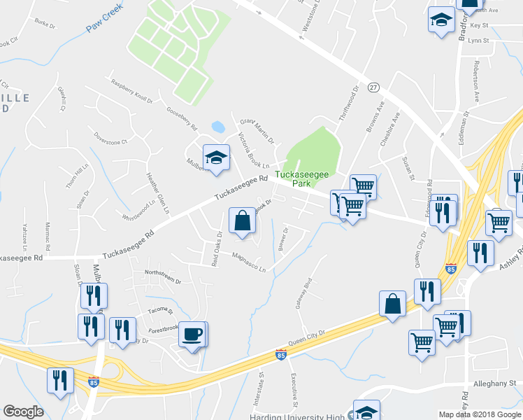 map of restaurants, bars, coffee shops, grocery stores, and more near 3340 Timberbrook Drive in Charlotte