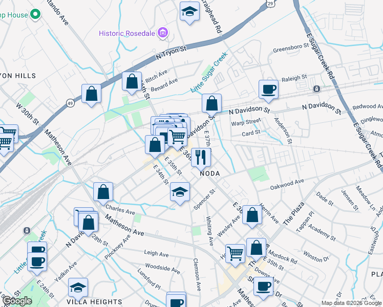 map of restaurants, bars, coffee shops, grocery stores, and more near 609 East 36th Street in Charlotte