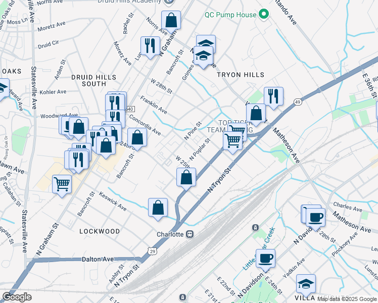 map of restaurants, bars, coffee shops, grocery stores, and more near 309 West 26th Street in Charlotte