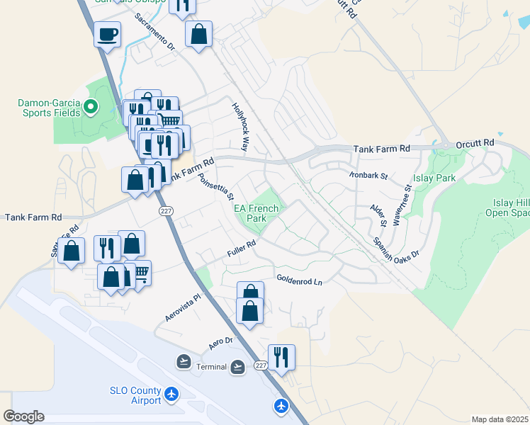 map of restaurants, bars, coffee shops, grocery stores, and more near 1040 Fuller Road in San Luis Obispo