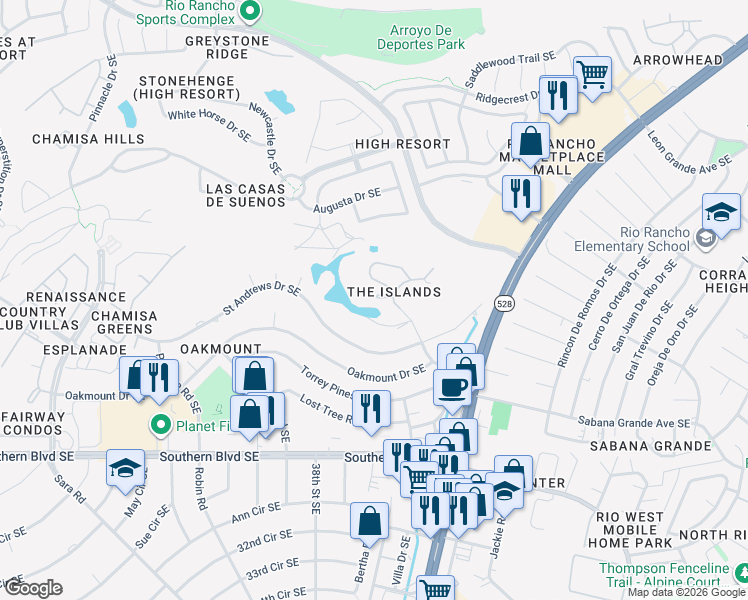 map of restaurants, bars, coffee shops, grocery stores, and more near 611 Eastlake Court Southeast in Rio Rancho