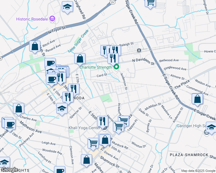 map of restaurants, bars, coffee shops, grocery stores, and more near 3471 Steel Yard Court in Charlotte