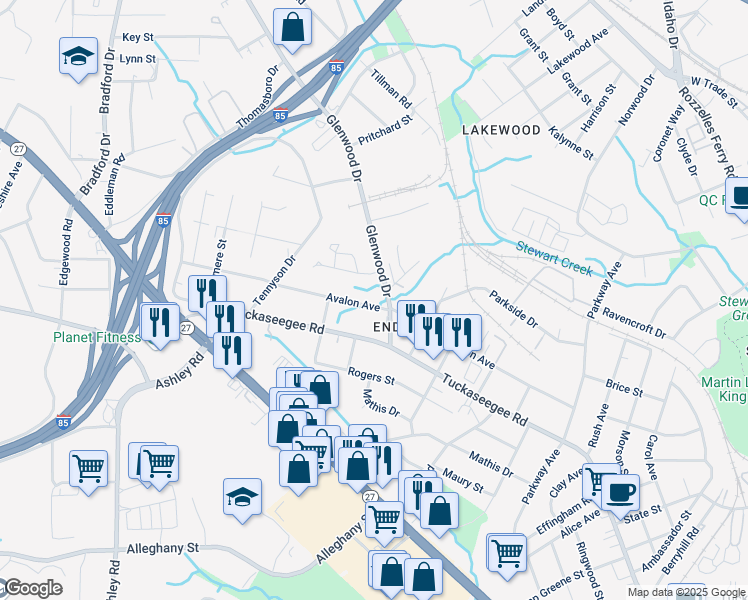 map of restaurants, bars, coffee shops, grocery stores, and more near 3600 Avalon Avenue in Charlotte
