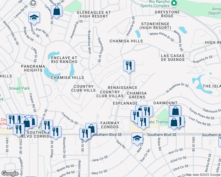 map of restaurants, bars, coffee shops, grocery stores, and more near 712 Renaissance Loop Southeast in Rio Rancho