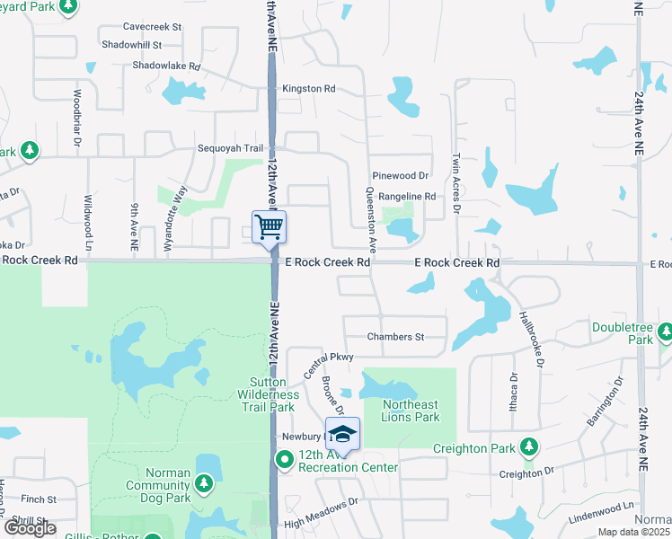map of restaurants, bars, coffee shops, grocery stores, and more near 1403 Spoonwood Road in Norman