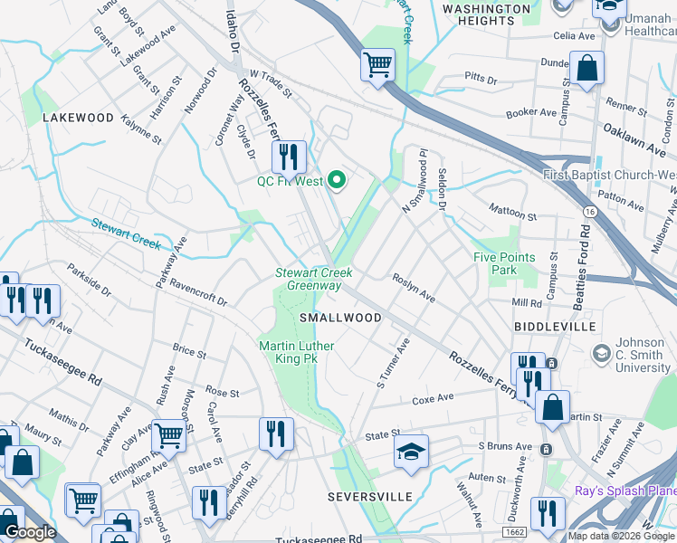 map of restaurants, bars, coffee shops, grocery stores, and more near 2520 Rozzelles Ferry Road in Charlotte