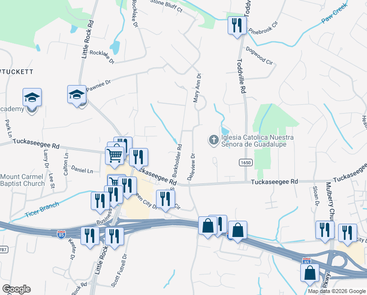 map of restaurants, bars, coffee shops, grocery stores, and more near 2633 Burkholder Road in Charlotte