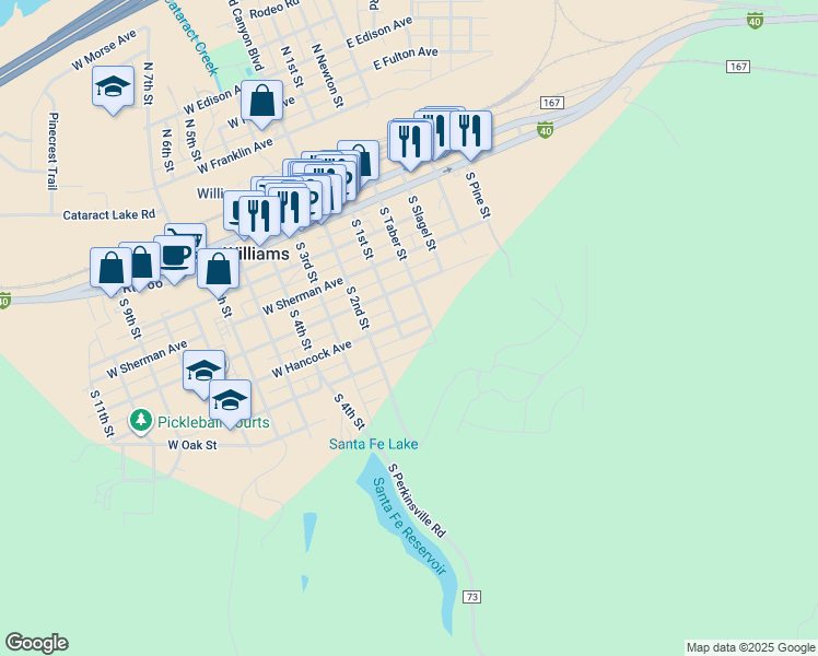 map of restaurants, bars, coffee shops, grocery stores, and more near 110 East Hancock Avenue in Williams