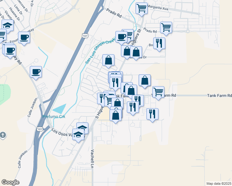 map of restaurants, bars, coffee shops, grocery stores, and more near 110 Tank Farm Road in San Luis Obispo