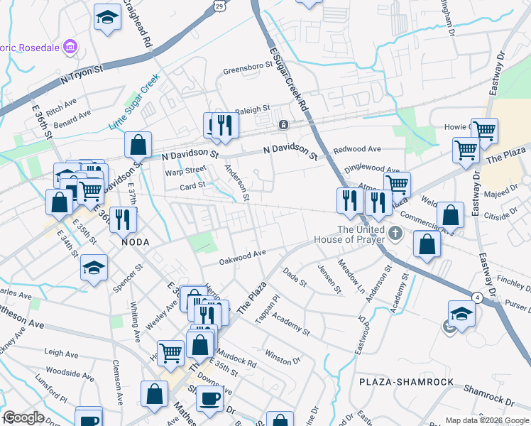 map of restaurants, bars, coffee shops, grocery stores, and more near 801 Anderson Street in Charlotte