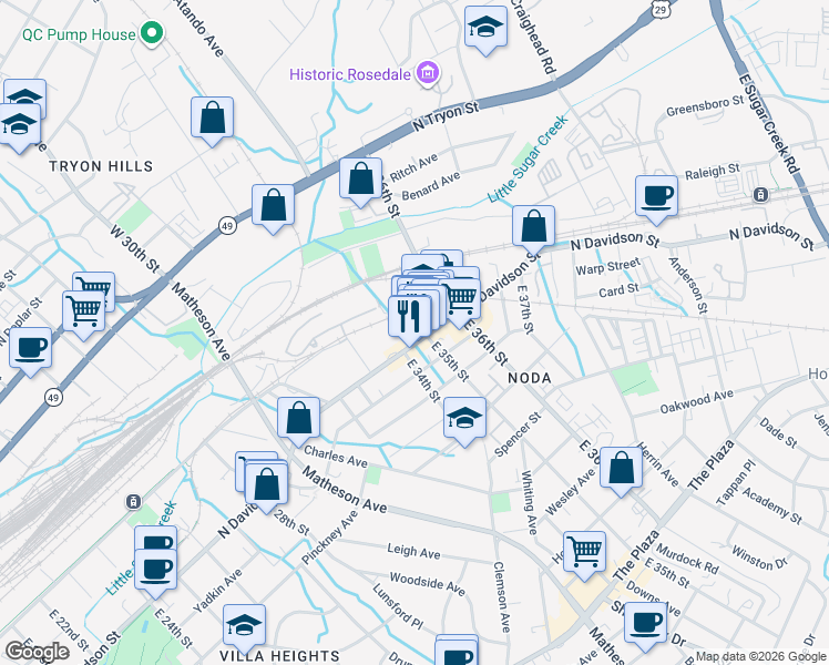map of restaurants, bars, coffee shops, grocery stores, and more near in Charlotte