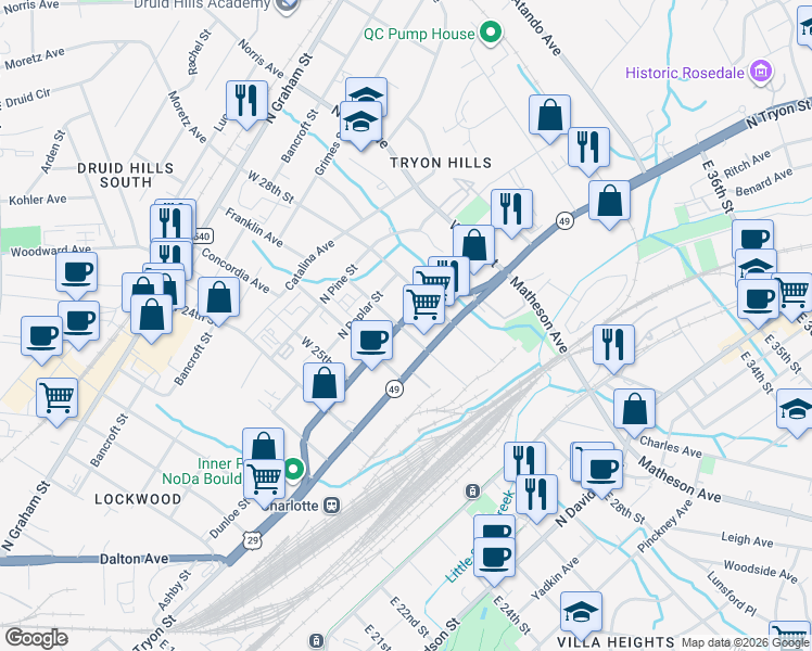 map of restaurants, bars, coffee shops, grocery stores, and more near 122 West 27th Street in Charlotte