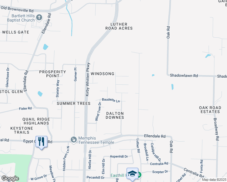 map of restaurants, bars, coffee shops, grocery stores, and more near 4457 Bishops Valley Lane in Memphis