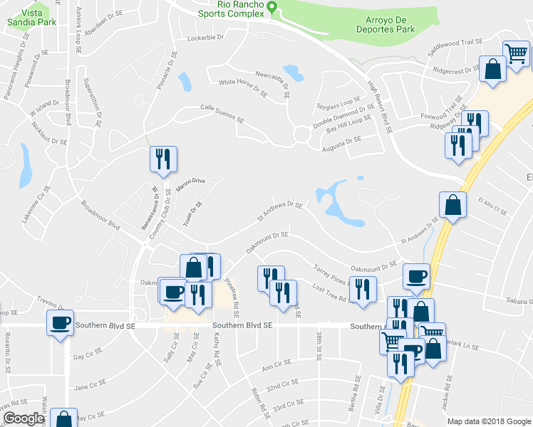 map of restaurants, bars, coffee shops, grocery stores, and more near 3604 Saint Andrews Drive Southeast in Rio Rancho