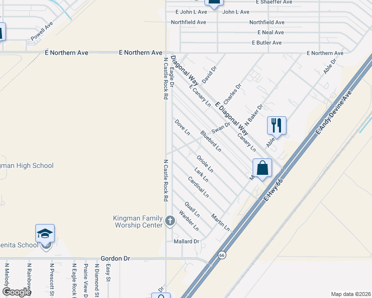 map of restaurants, bars, coffee shops, grocery stores, and more near 3537 Lark Lane in Kingman