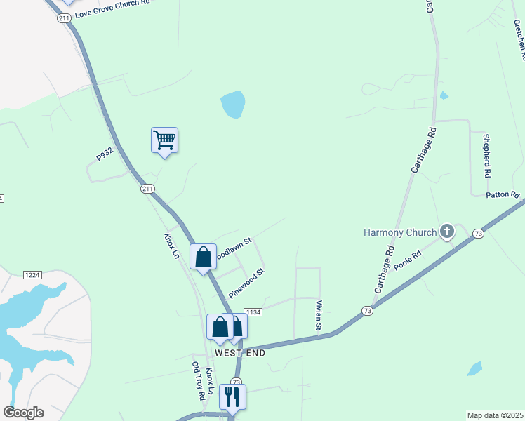 map of restaurants, bars, coffee shops, grocery stores, and more near 187 Woodlawn Street in Moore County