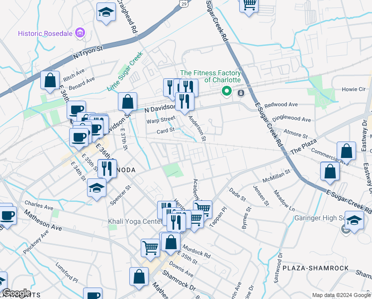 map of restaurants, bars, coffee shops, grocery stores, and more near 849 Academy Street in Charlotte