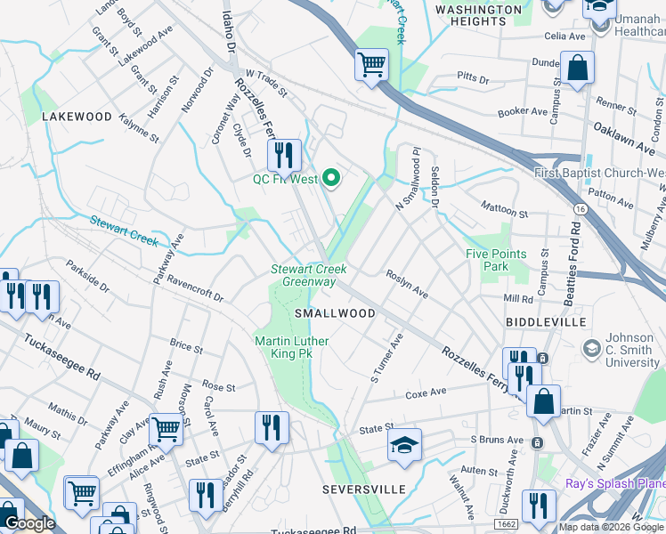 map of restaurants, bars, coffee shops, grocery stores, and more near 2520 Rozzelles Ferry Road in Charlotte