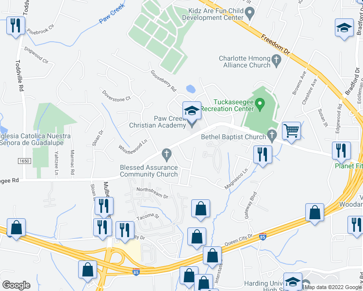 map of restaurants, bars, coffee shops, grocery stores, and more near 2613 Reid Park Lane in Charlotte
