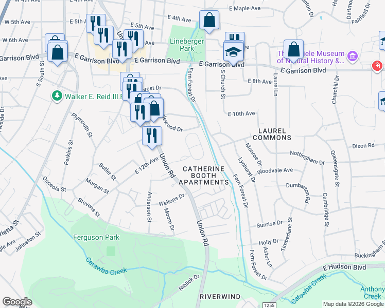 map of restaurants, bars, coffee shops, grocery stores, and more near 1272 Union Road in Gastonia