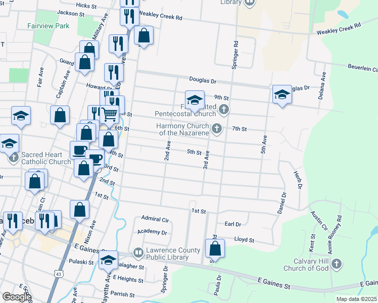 map of restaurants, bars, coffee shops, grocery stores, and more near 515 5th Street in Lawrenceburg