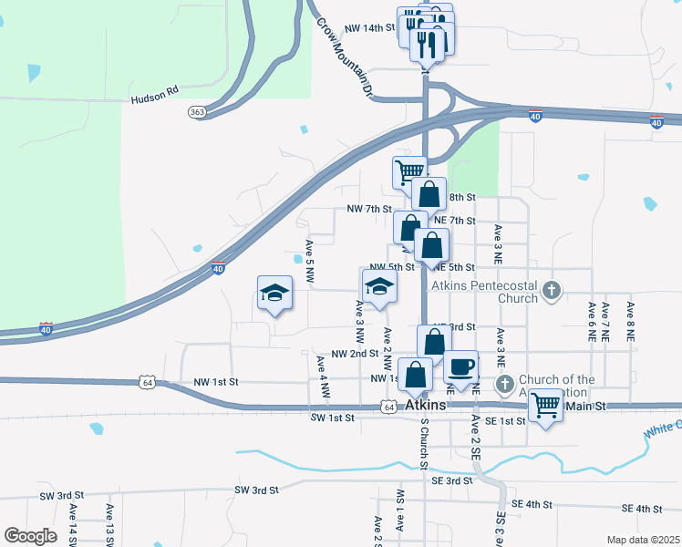 map of restaurants, bars, coffee shops, grocery stores, and more near 504 Northwest 4th Street in Atkins