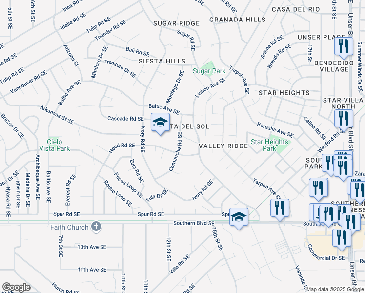 map of restaurants, bars, coffee shops, grocery stores, and more near 674 Comanche Road Southeast in Rio Rancho