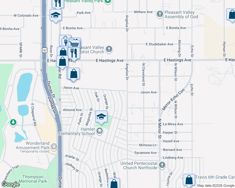 map of restaurants, bars, coffee shops, grocery stores, and more near 3133 Walnut Street in Amarillo