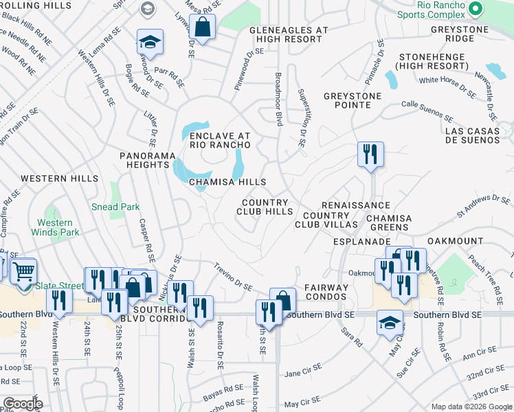 map of restaurants, bars, coffee shops, grocery stores, and more near 2912 Golfers Lane Southeast in Rio Rancho