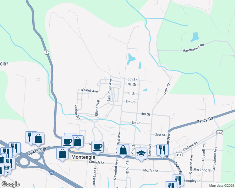 map of restaurants, bars, coffee shops, grocery stores, and more near 14 6th Street in Monteagle