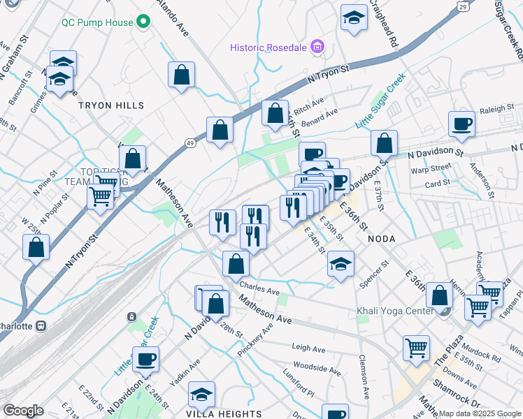 map of restaurants, bars, coffee shops, grocery stores, and more near 404 East 33rd Street in Charlotte