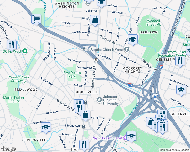 map of restaurants, bars, coffee shops, grocery stores, and more near 508 Beatties Ford Road in Charlotte