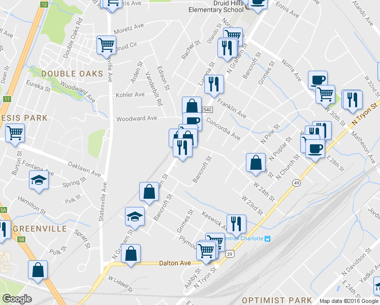 map of restaurants, bars, coffee shops, grocery stores, and more near 2048 North Graham Street in Charlotte
