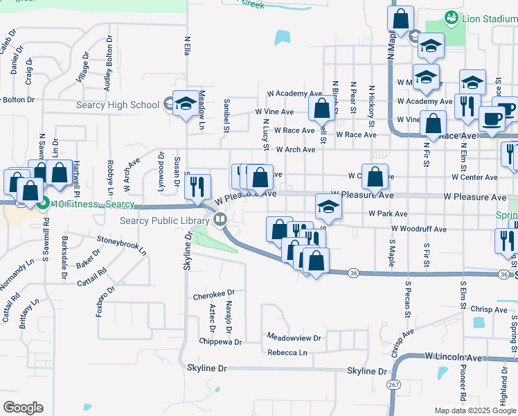 map of restaurants, bars, coffee shops, grocery stores, and more near 1502 West Park Avenue in Searcy