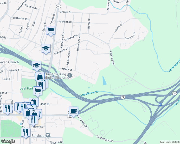 map of restaurants, bars, coffee shops, grocery stores, and more near 503 Ellenwood Drive in Kings Mountain