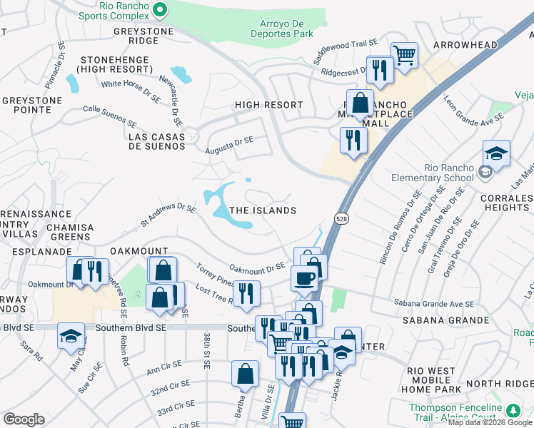 map of restaurants, bars, coffee shops, grocery stores, and more near 605 Eastlake Court Southeast in Rio Rancho