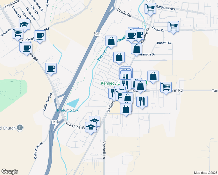 map of restaurants, bars, coffee shops, grocery stores, and more near 762 Creekside Drive in San Luis Obispo