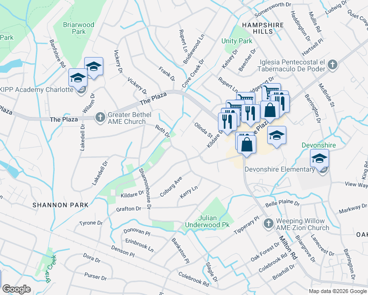 map of restaurants, bars, coffee shops, grocery stores, and more near 5524 Joyce Drive in Charlotte