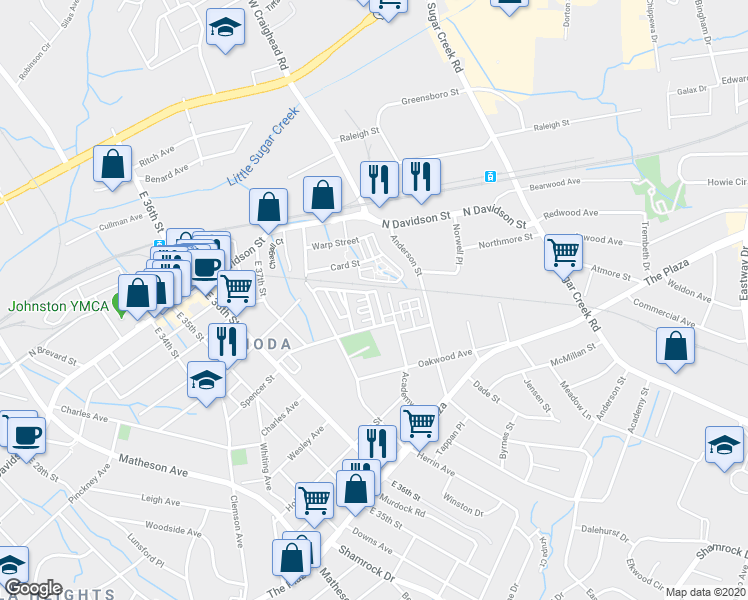 map of restaurants, bars, coffee shops, grocery stores, and more near 3609 Artist's Way in Charlotte