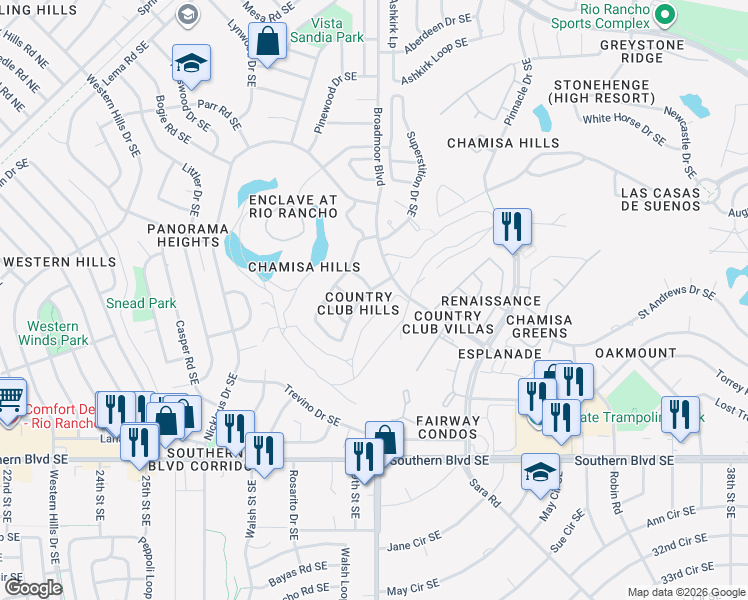 map of restaurants, bars, coffee shops, grocery stores, and more near 600 Lakeview Circle Southeast in Rio Rancho