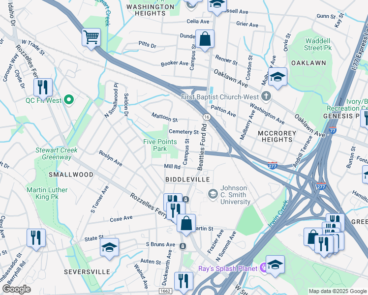 map of restaurants, bars, coffee shops, grocery stores, and more near 505 Campus Street in Charlotte