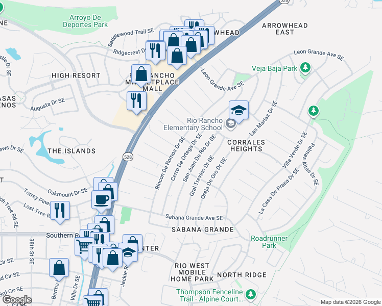 map of restaurants, bars, coffee shops, grocery stores, and more near 604 Cerro De Ortega Drive Southeast in Rio Rancho