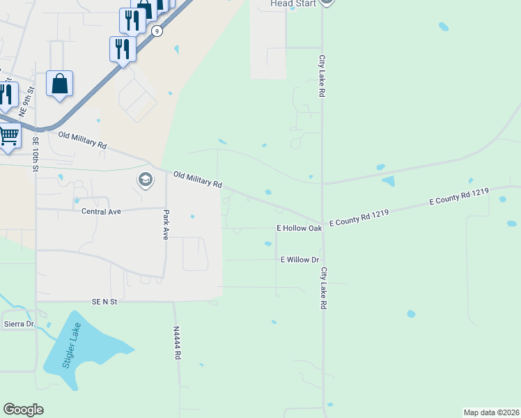 map of restaurants, bars, coffee shops, grocery stores, and more near 1710 Old Military Road in Stigler