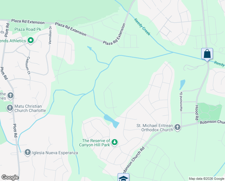 map of restaurants, bars, coffee shops, grocery stores, and more near 7348 Amberly Hills Road in Charlotte