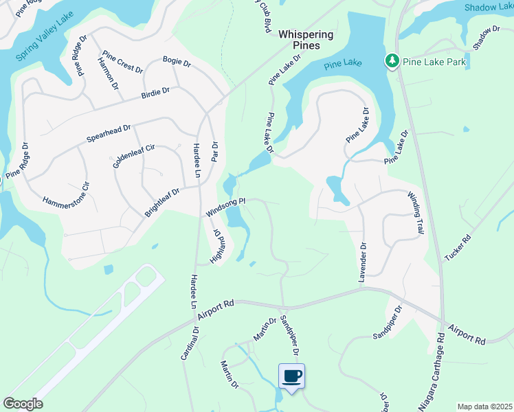 map of restaurants, bars, coffee shops, grocery stores, and more near 8 Windsong Place in Whispering Pines