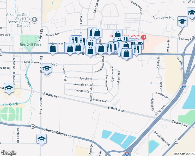 map of restaurants, bars, coffee shops, grocery stores, and more near 11 Apache Drive in Searcy